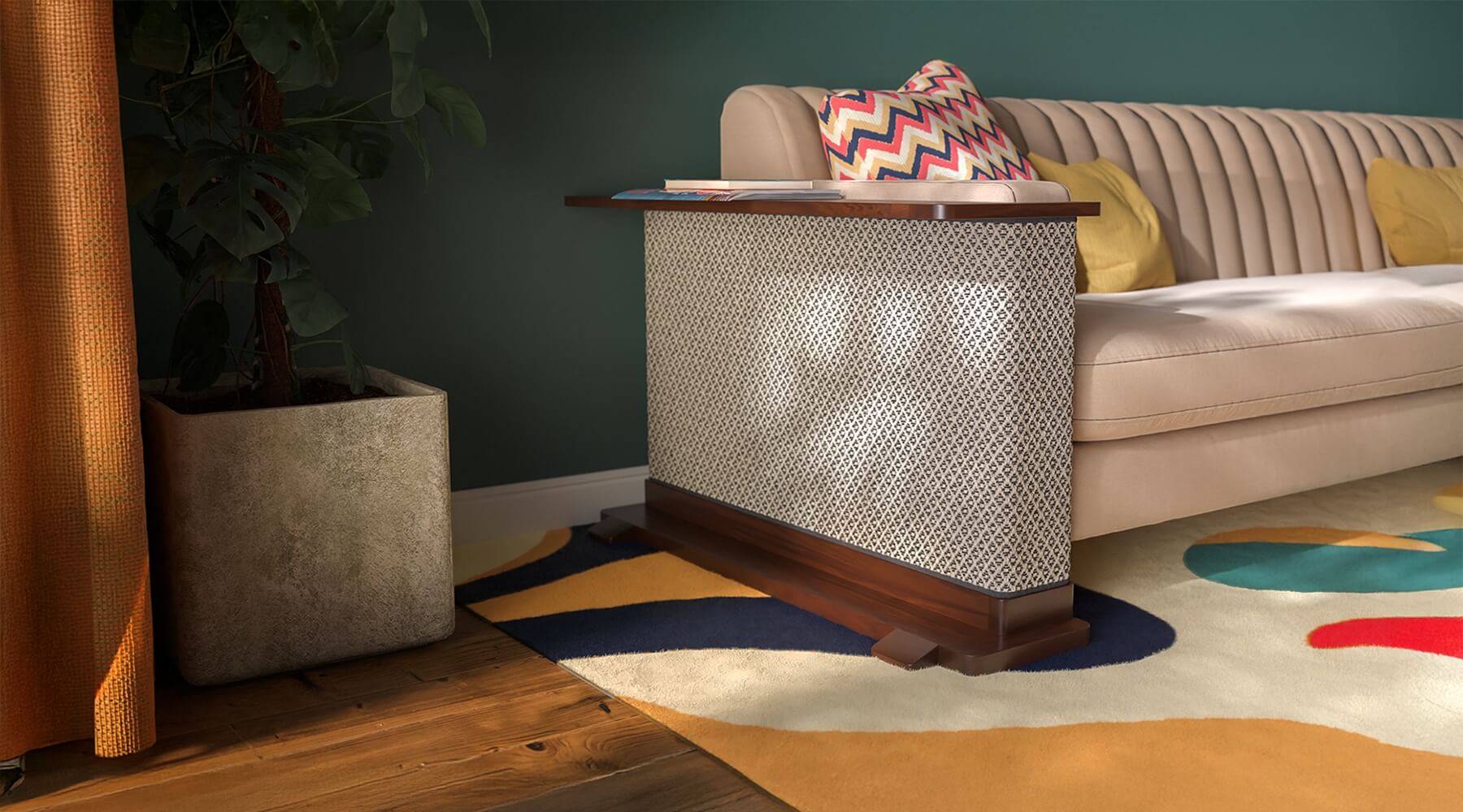 A stylish living room featuring Cat-e-Corner cat scratcher with decorative pillows, prompting the question how often is it okay to move your cat scratcher